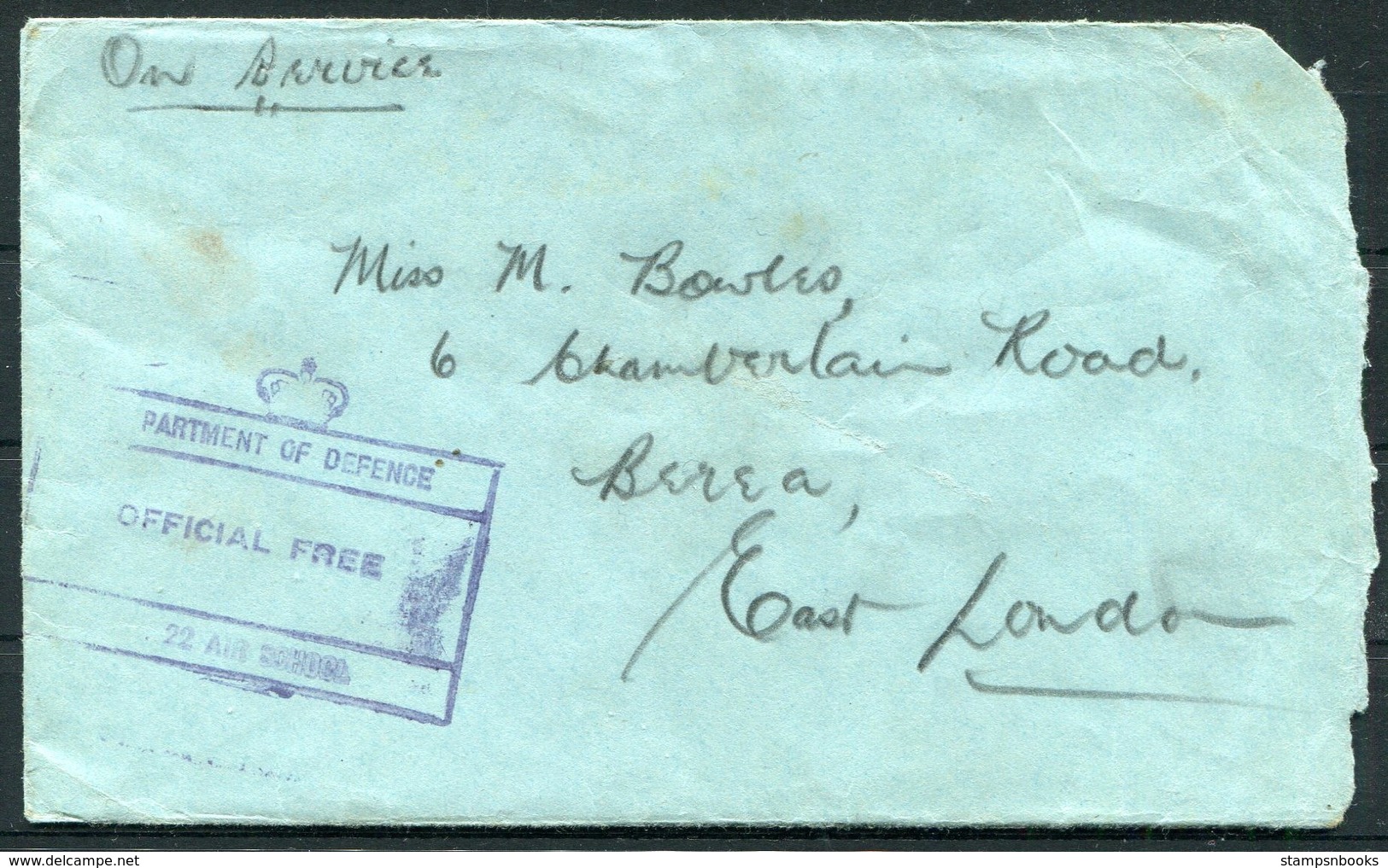 WW2 South Africa No 22 Air School, OFFICIAL FREE Cover - East London - Covers & Documents