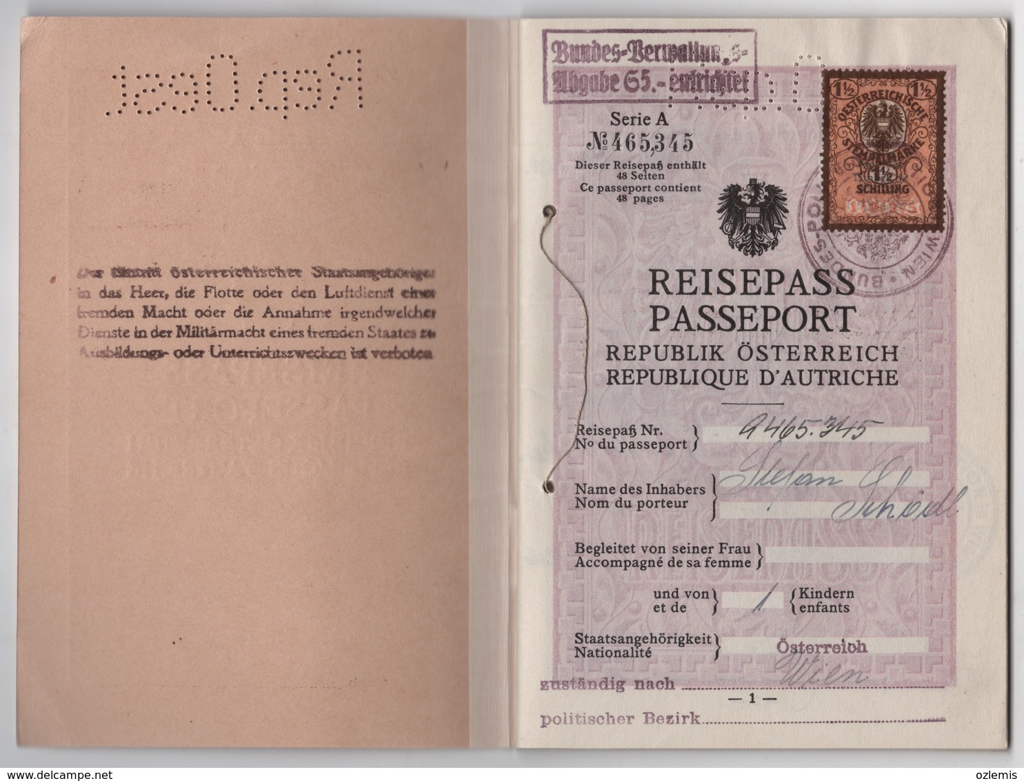 1933 REISEPASS PASSEPORT REPUBLIK OSTERREICH 48 PAGES - Historical Documents