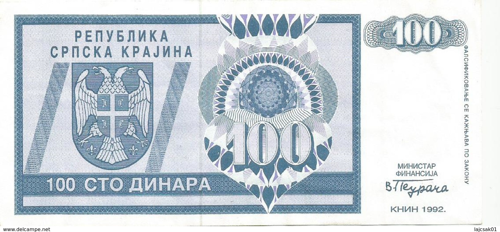 Croatia Knin Krajina 100 Dinara 1992.  P-R3 - Kroatië