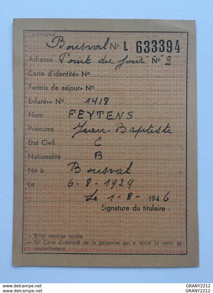 Carte De Ravitaillement 1946 »GENAPPE- BOUSVAL - Genappe