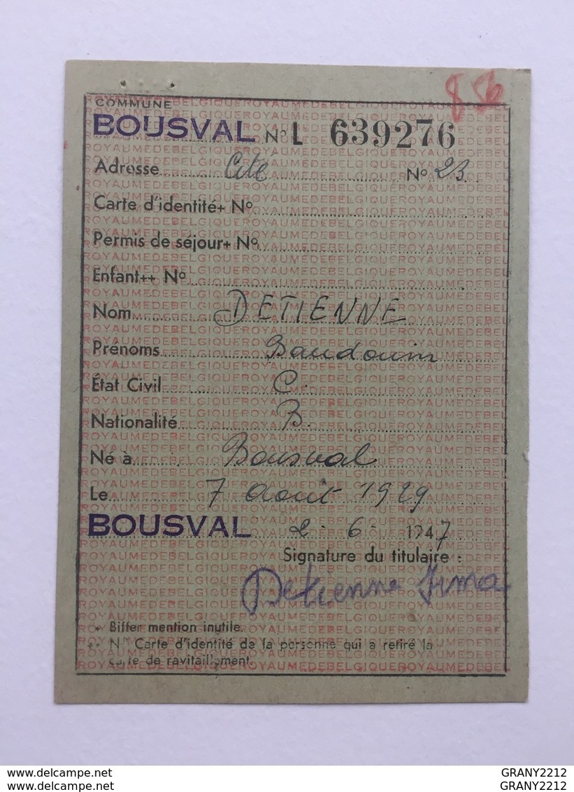 Carte De Ravitaillement 1947 «GENAPPE- BOUSVAL - Genappe