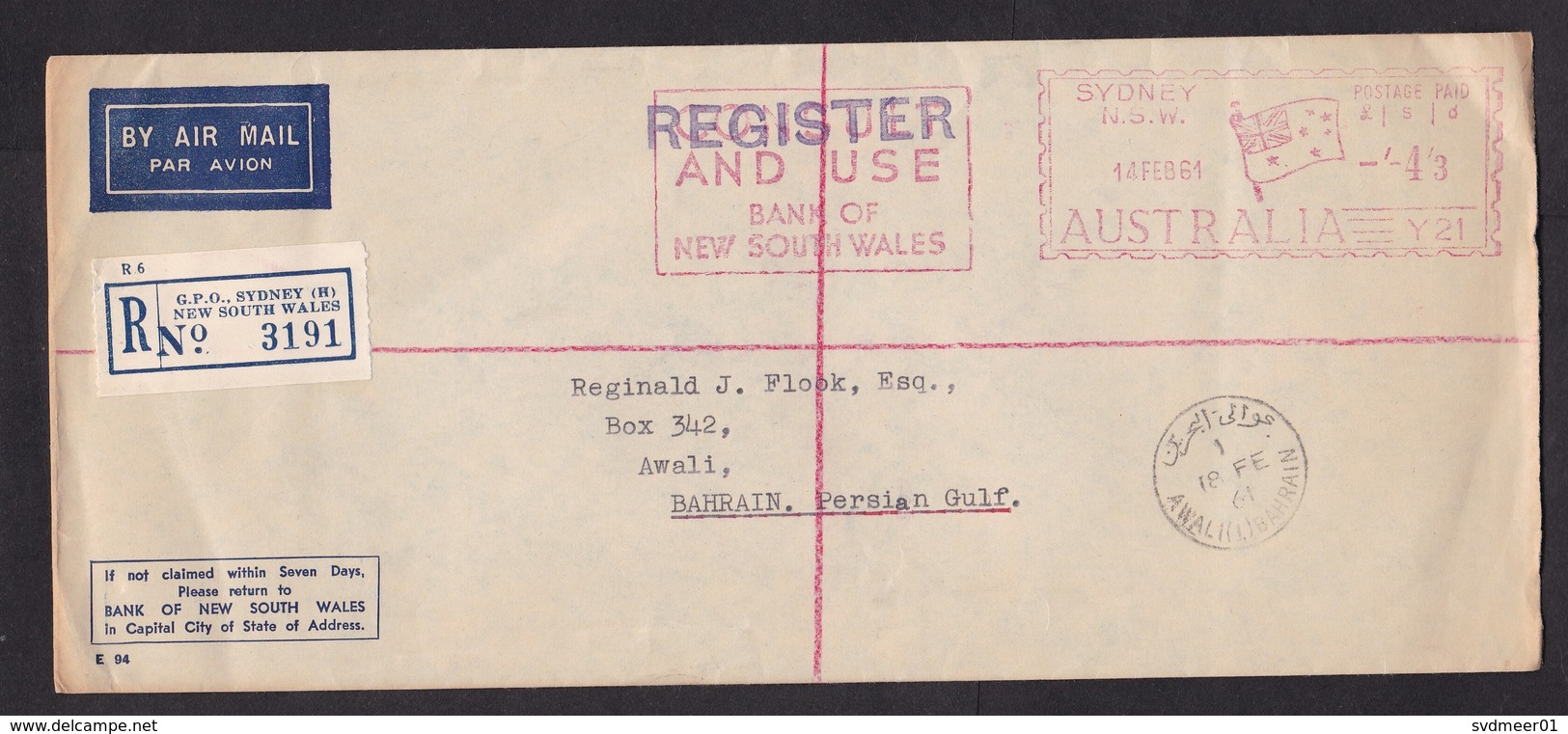 Australia: Registered Airmail Cover To Bahrain 1961, Meter Cancel, Flag, Bank Of New South Wales, R-label (minor Damage) - Briefe U. Dokumente