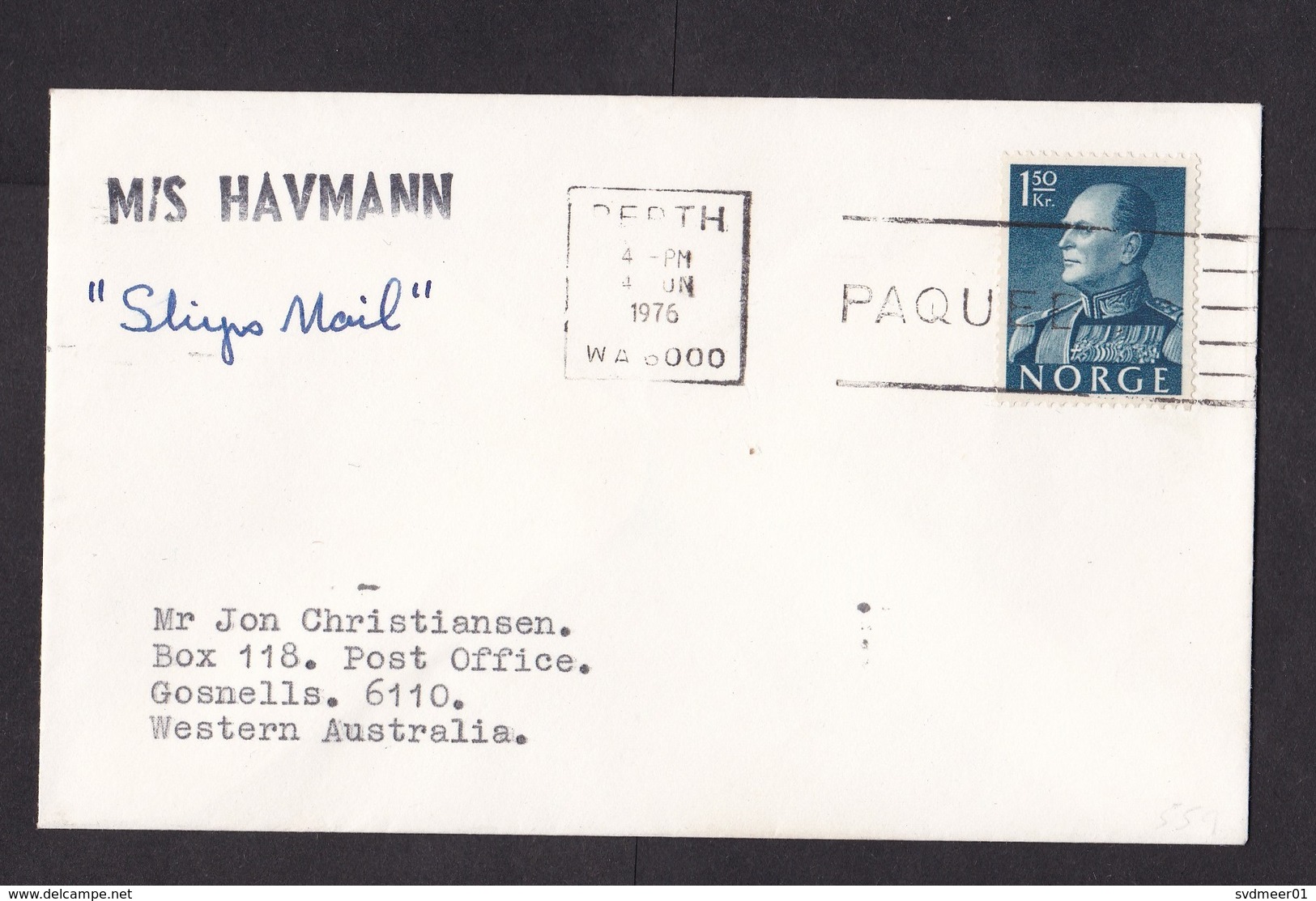 Australia: Paquebot Cover, 1976, Stamp Norway, Ship Mail M/S Havmann, Cancel Perth (traces Of Use) - Lettres & Documents