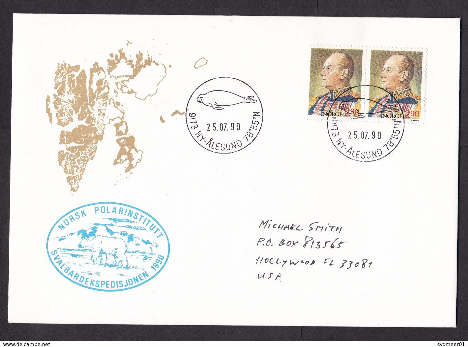 Norway: Cover To USA, 1990, 2 Stamps, Cancel Ny-Alesund, Spitsbergen, Seal, From Polar Institute (traces Of Use) - Brieven En Documenten