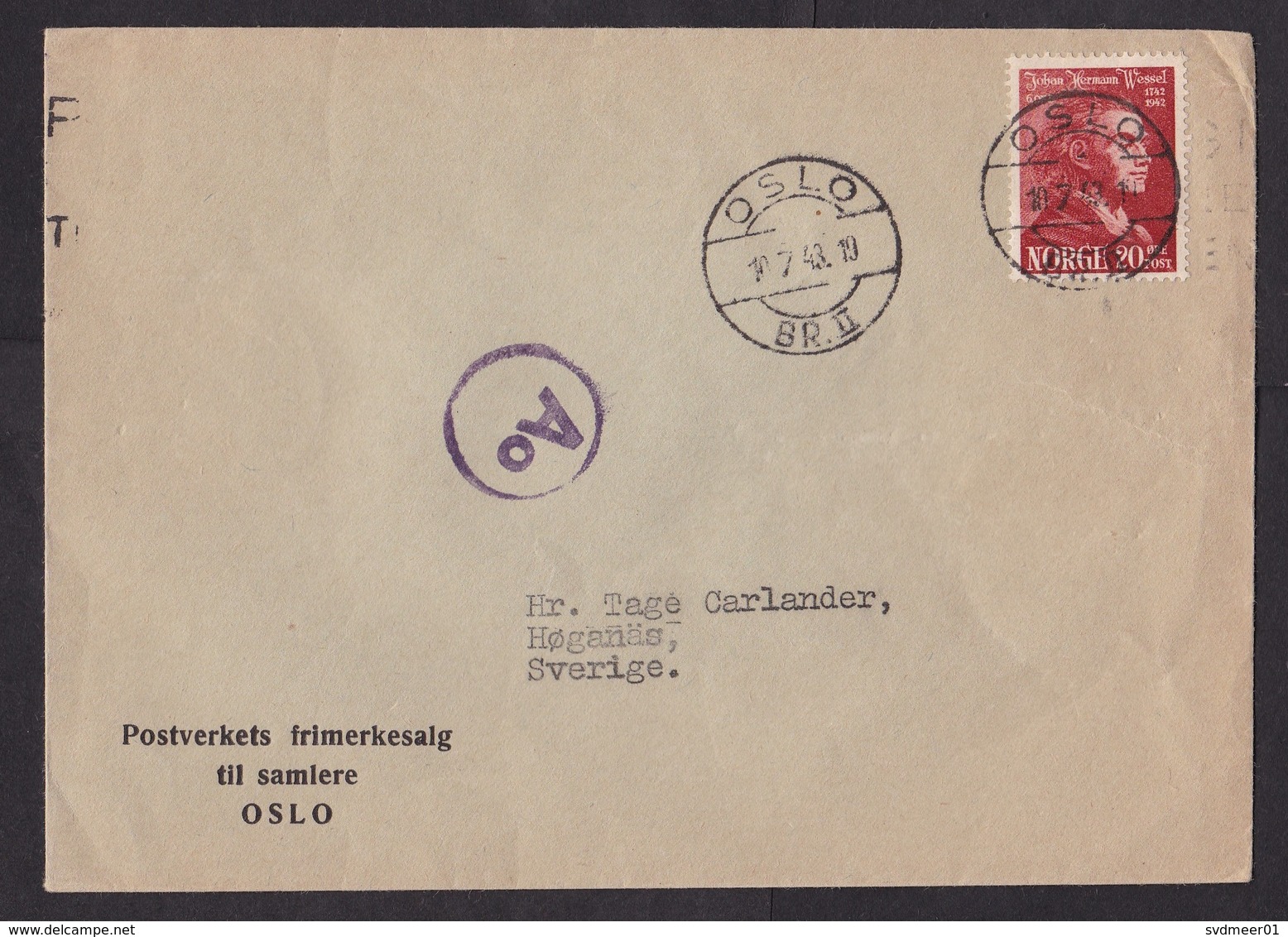 Norway: Cover To Sweden, 1943, 1 Stamp, Wessel, Author, Poet, Censored, Censor Cancel Ao, Rare (minor Crease) - Brieven En Documenten