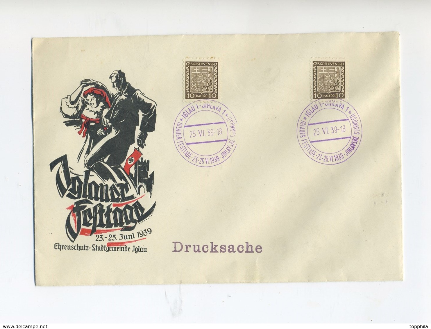 1939 Böhmen Und Mähren Schmuckbrief Iglauer Festtage Mit Mitläuferfrankatur SST Iglau - Briefe U. Dokumente