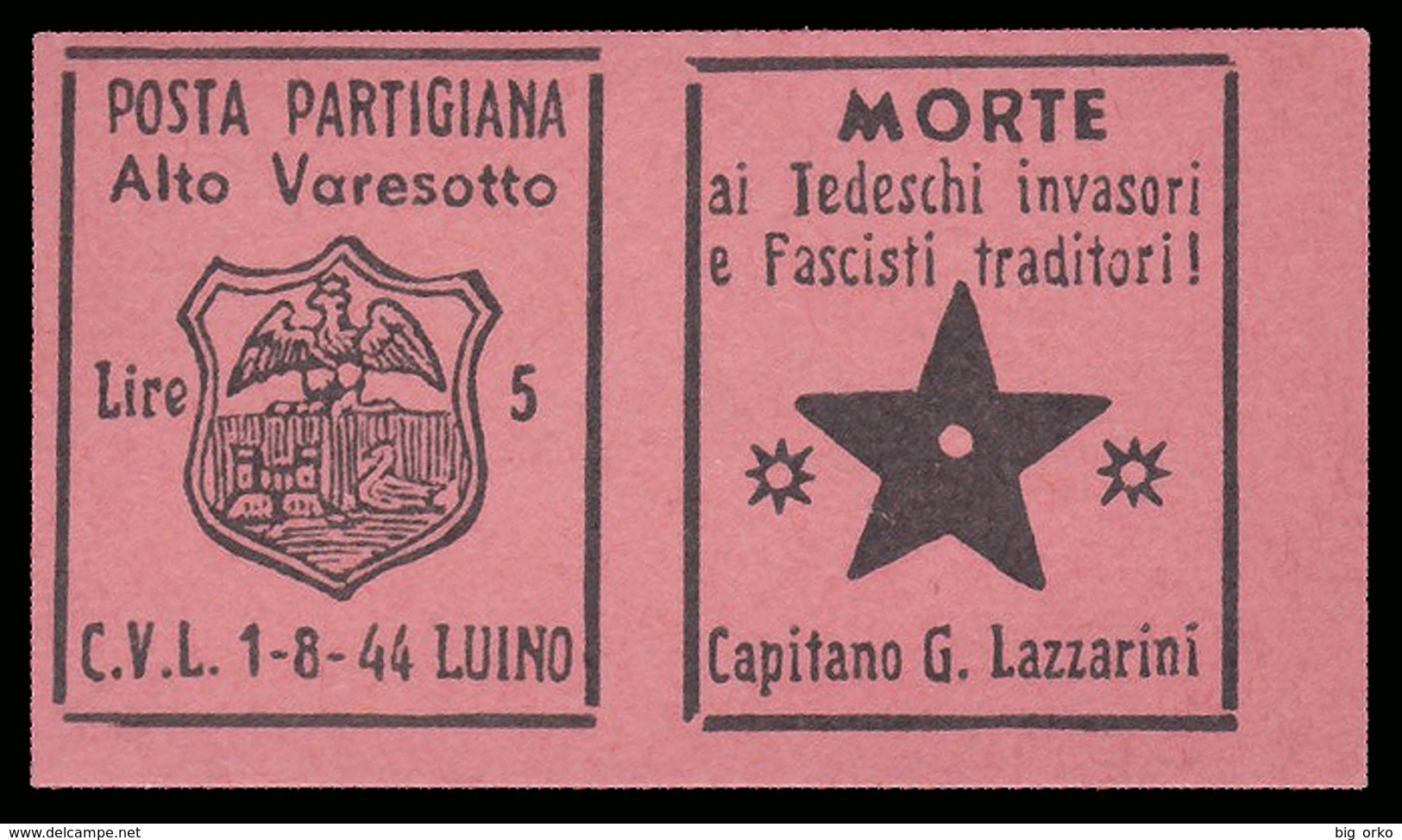 Italia - Comitato Liberazione Nazionale - Alto Varesotto - 1-8-44 Luino - Lire 5 - Comitato Di Liberazione Nazionale (CLN)