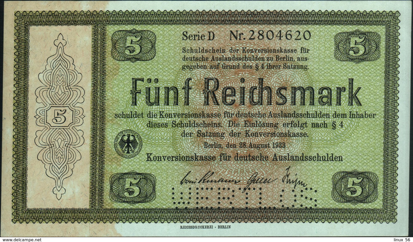 GERMANY - 5 Reichsmark 28.08.1933 {Perforated: WERTLOS} AU-UNC P.199 / DEU-224 E2 - 5 Reichsmark