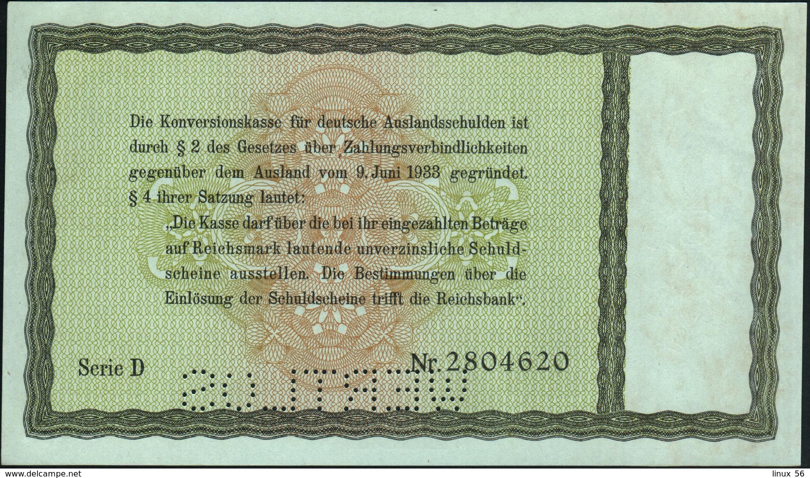 GERMANY - 5 Reichsmark 28.08.1933 {Perforated: WERTLOS} AU-UNC P.199 / DEU-224 E2 - 5 Reichsmark