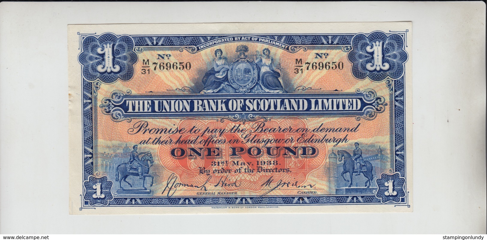 AB195. The Union Bank Of Scotland Ltd £1 Note 31st May 1938 #M/31 769650 FREE UK P+P - 1 Pound
