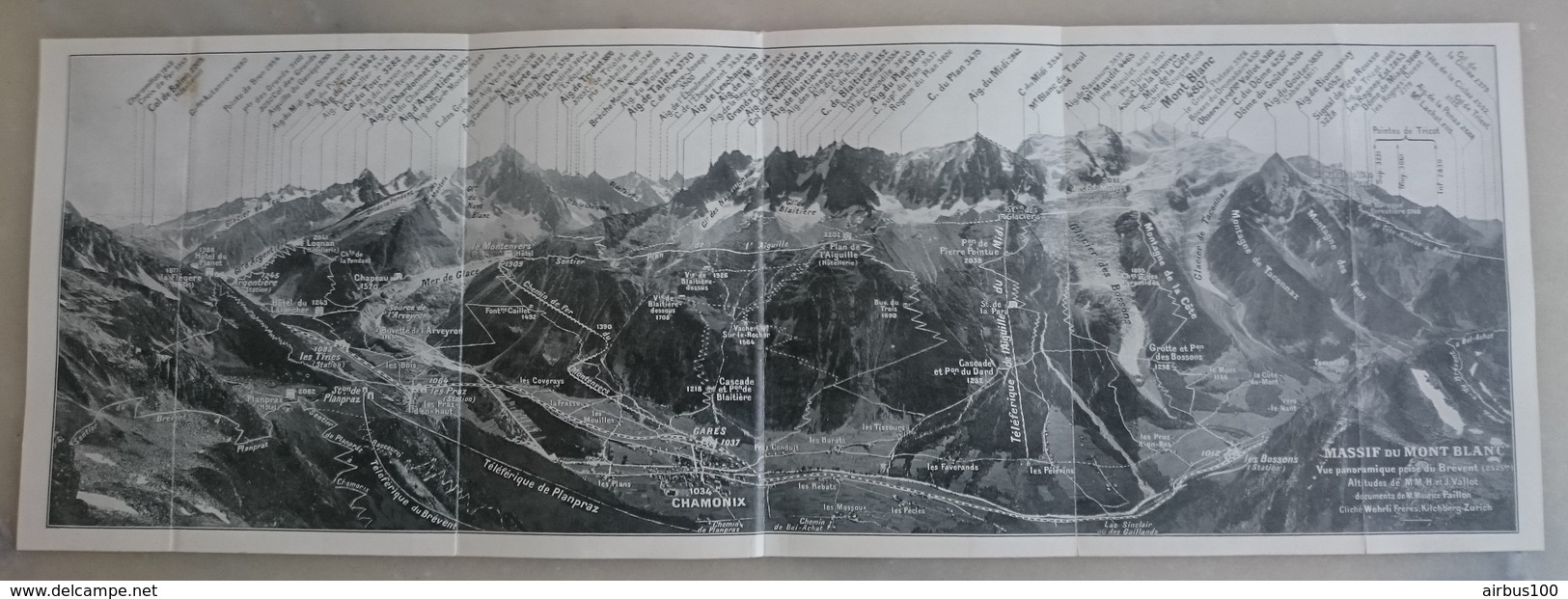 CARTE PLAN 1921 - MASSIF Du MONT BLANC VUE PANORAMIQUE PRISE Du BREVENT (2525 M) CHAMONIX - VALLOT PAILLON WEHRLI ZURICH - Topographical Maps