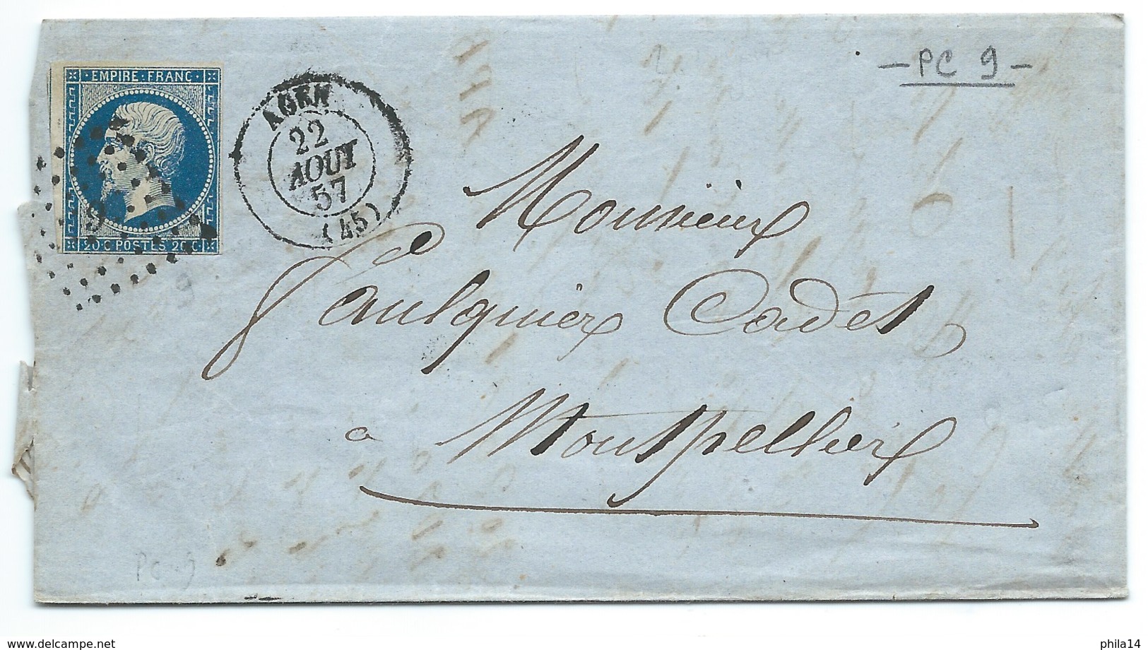 N° 14 BLEU NAPOLEON SUR LETTRE / AGEN POUR MONTPELLIER / 22 AOUT 1857 - 1849-1876: Periodo Classico