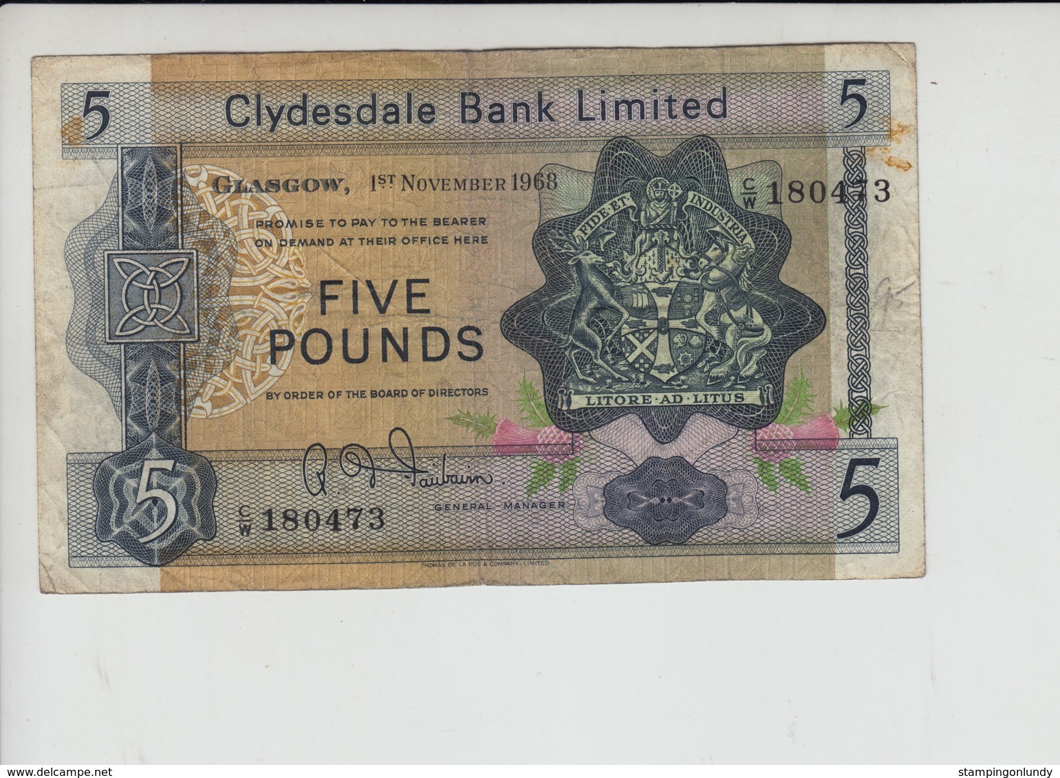 AB585. Clydesdale Bank Limited £5 Banknote 1st November 1968 #C/W 180473 FREE UK P+P - 5 Pounds