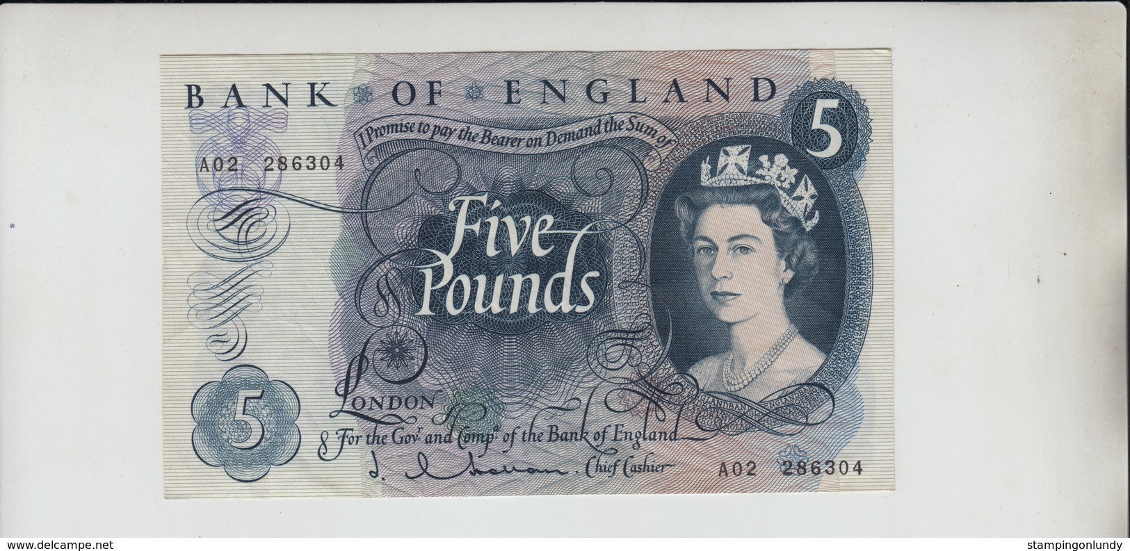 AB698. Bank Of England £5 Banknote Series C Portrait Series 1963-73  Hollom #A02 286304 FREE UK P+P - 5 Pounds