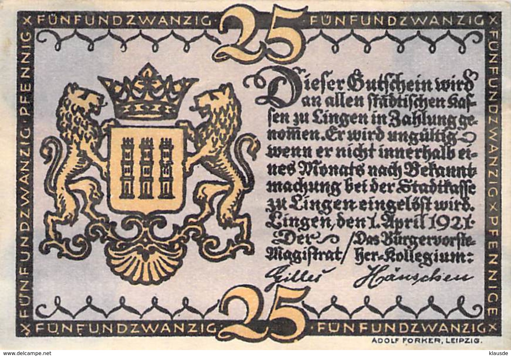 25 Pfg. Notgeld Lingen AU/EF (II) - [11] Local Banknote Issues