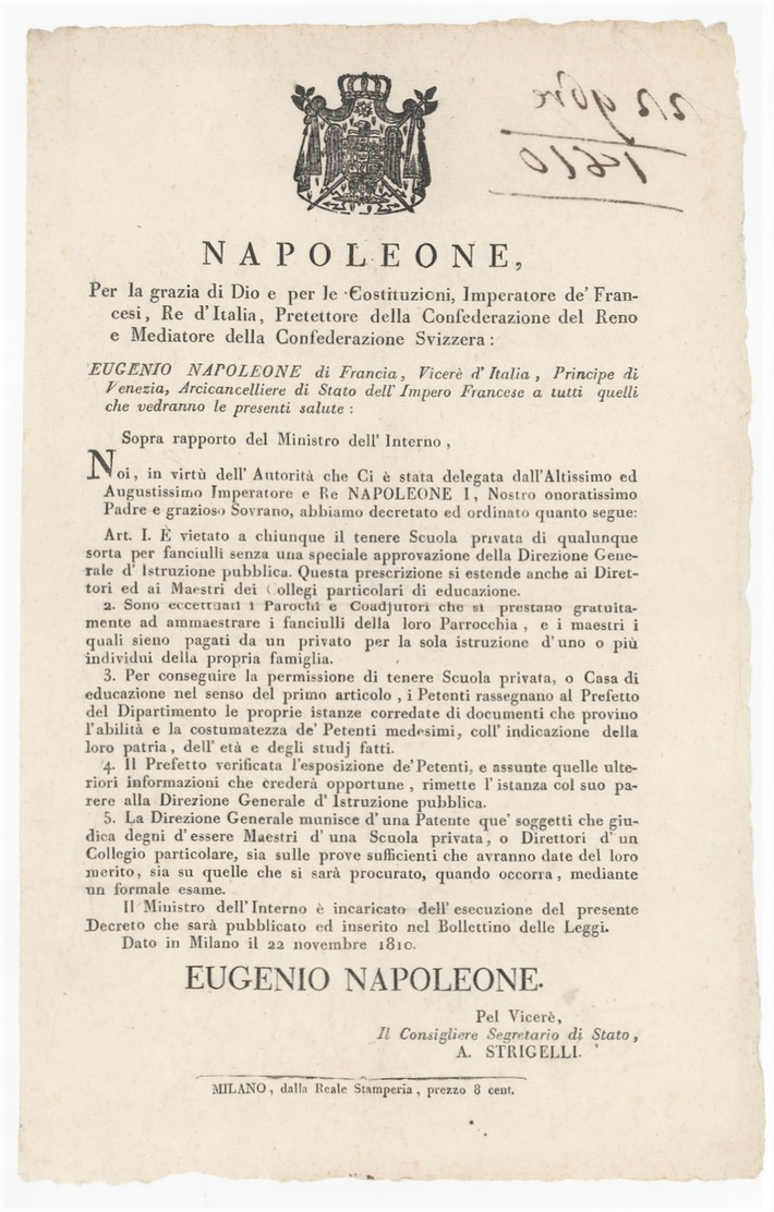 NAPOLEONE-REGNO D'ITALIA- EUGENIO NAPOLEONE-REGOLE SCUOLE PRIVATE CON DIVIETO 22/11/1810-(A3/05/34) - Décrets & Lois