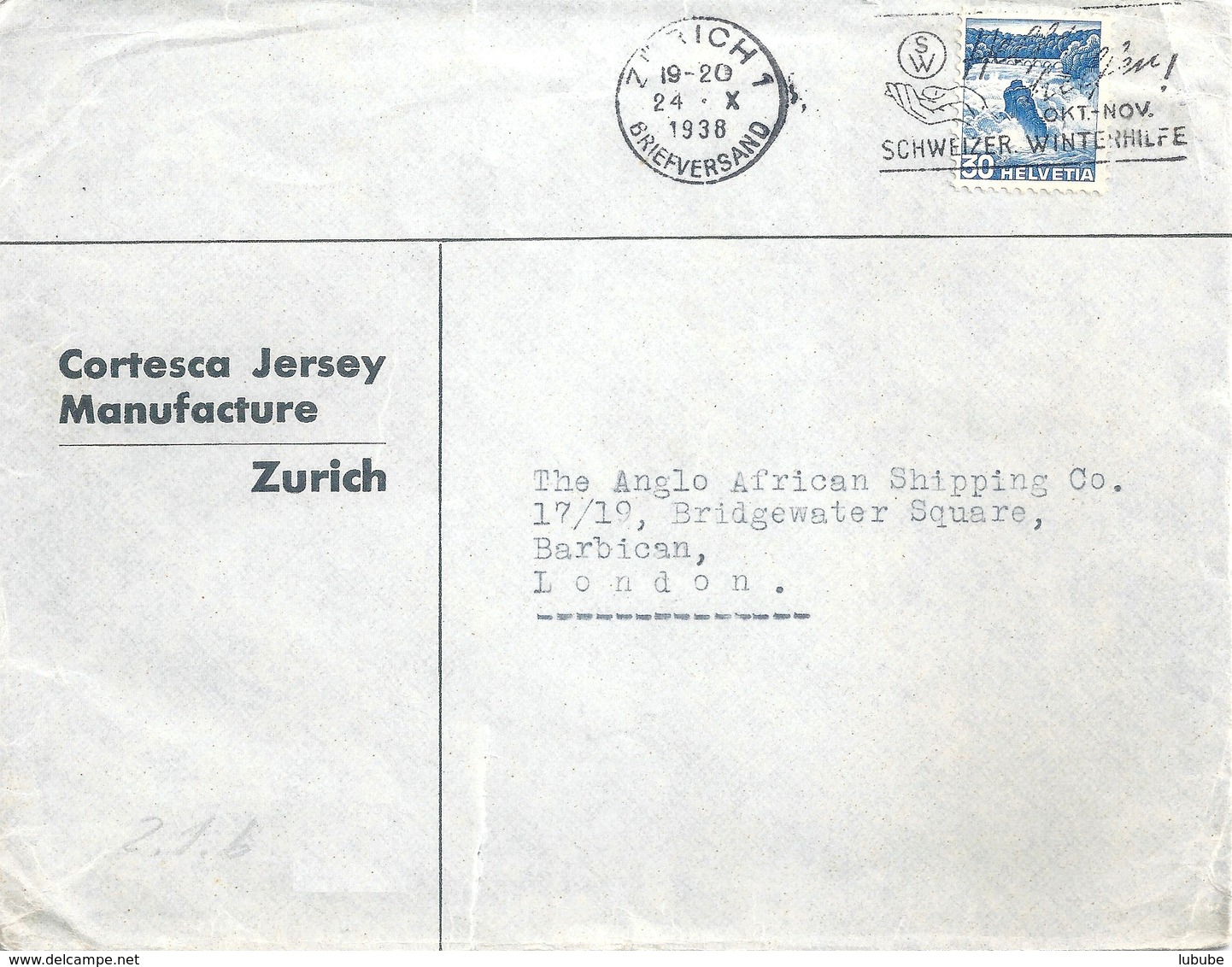 Ausland Brief  "Cortesca Jersey Manufacture, Zürich" - London            1938 - Lettres & Documents