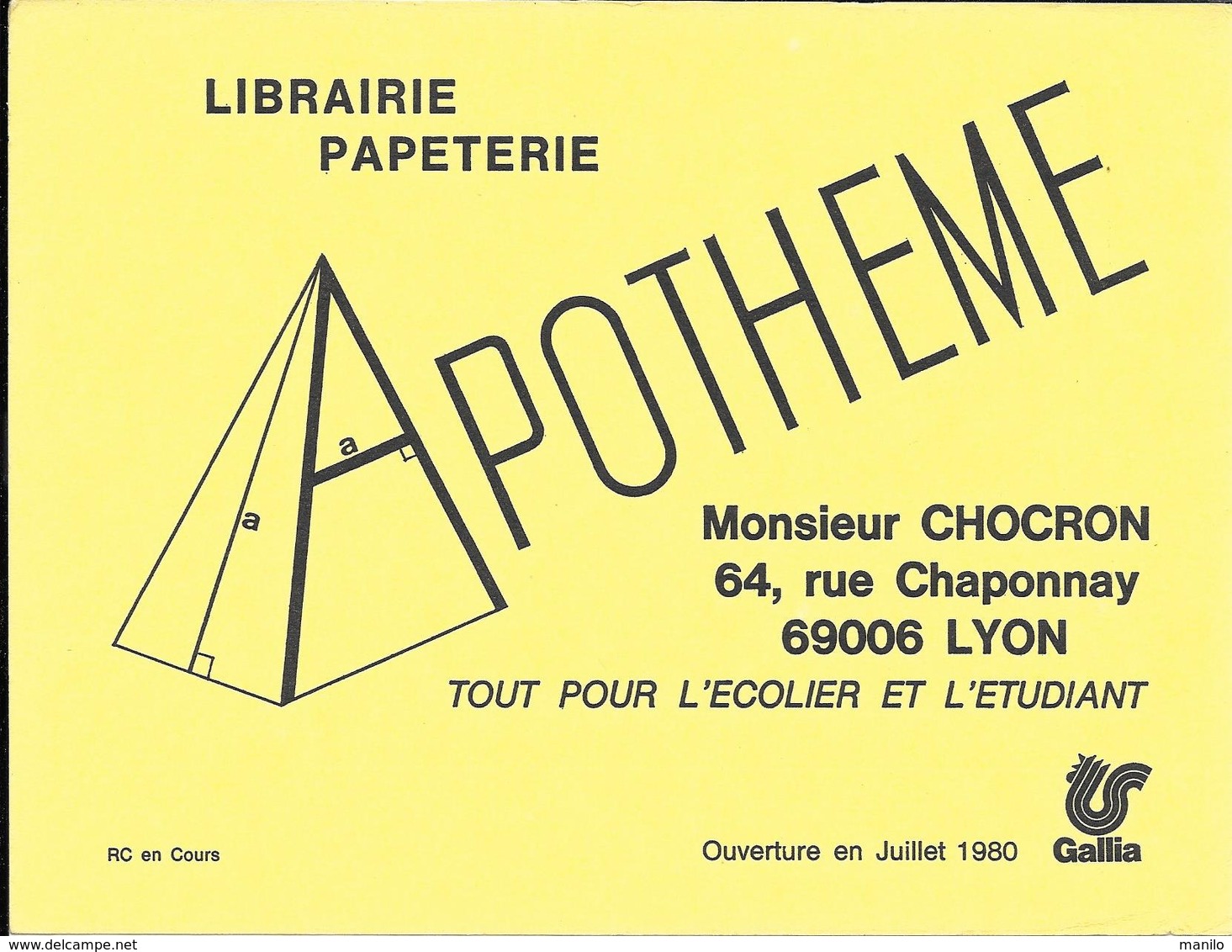 Buvard Publicitaire  Jamais Utilisé - Librairie-papeterie APOTHEME M. CHOCRON Rue Chaponnay Lyon   (JAUNE) - Papierwaren