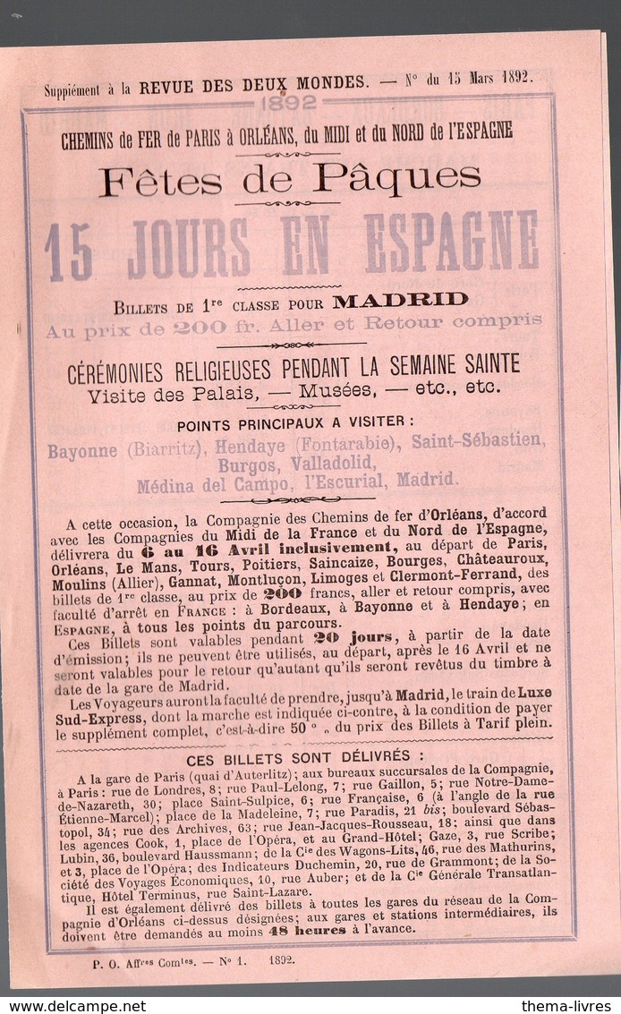 (chemins De Fer) Fêtes De Pâques, 15 Jours En Espagne  1892 (PPP18765) - Europe