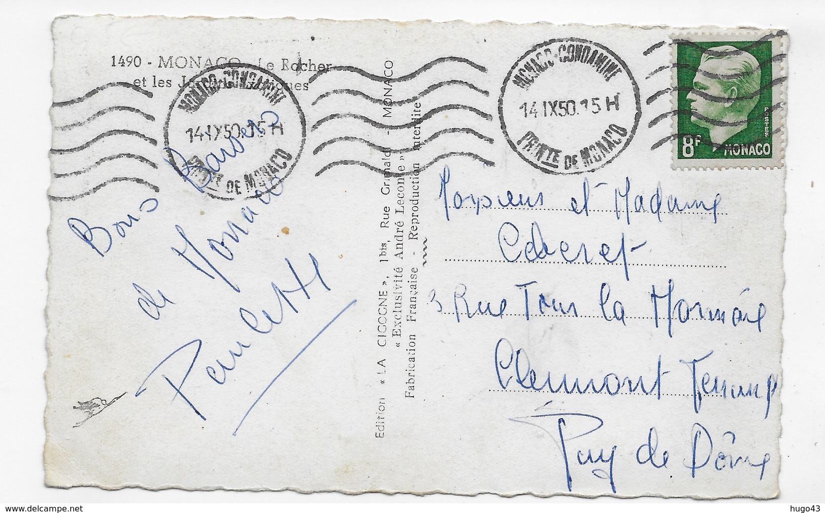 (RECTO / VERSO) MONACO EN 1950 - N° 1490 - LE ROCHER - BEAU TIMBRE ET CACHET DE MONACO - FORMAT CPA - Altri & Non Classificati