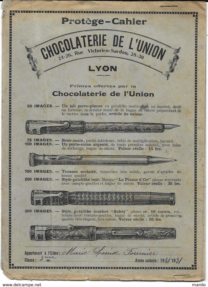 Protège-cahiers Publicitaire 1931  - CHOCOLATERIE DE L'UNION à LYON Avec PRIMES 4 Lithographies De STYLOS DE VALEUR - Protège-cahiers