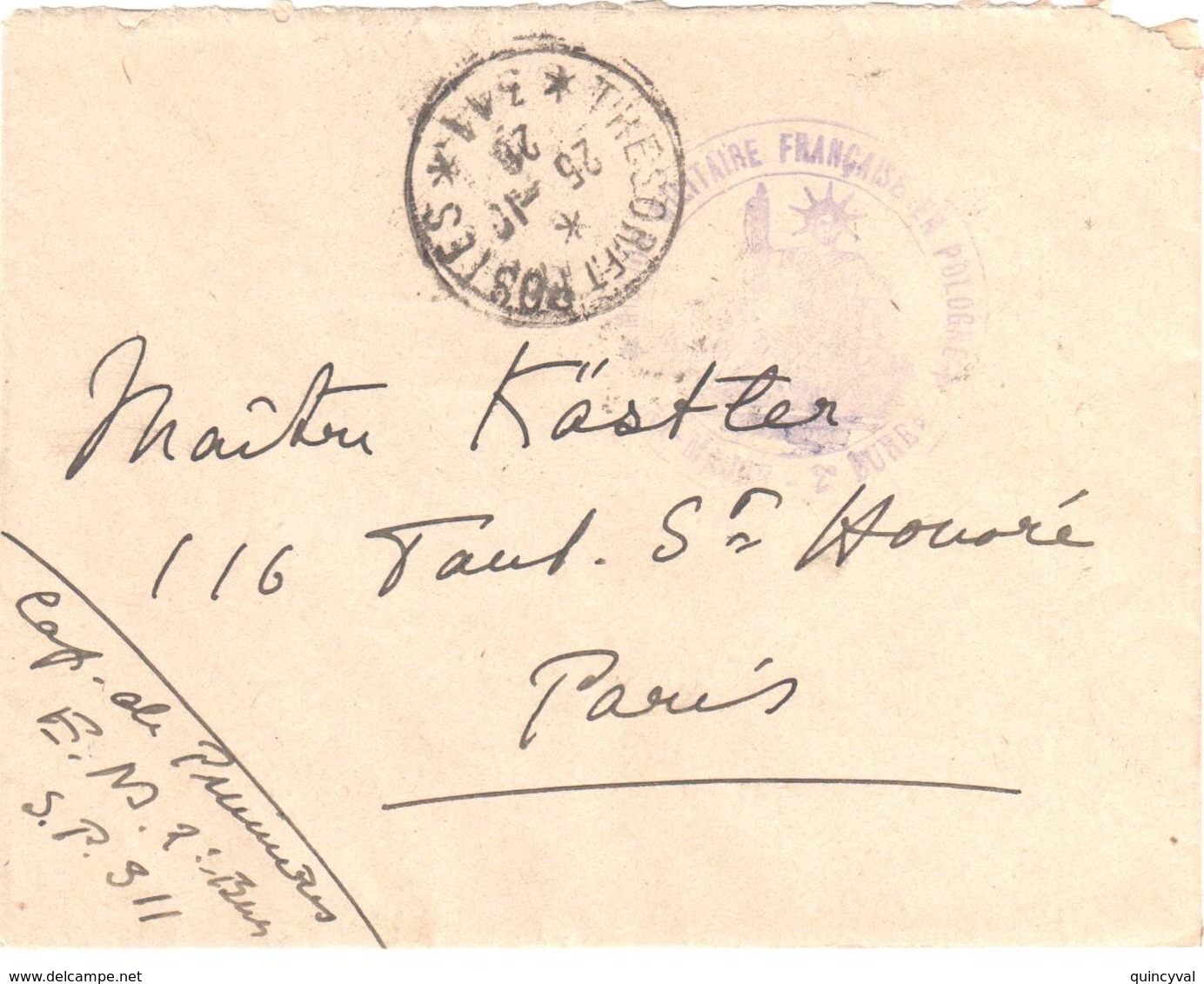 TRESOR ET POSTES *311* Mission Militaire Française En Pologne Etat Major 2° Bureau Varsovie Ob 25 10 1920 - Cachets Militaires A Partir De 1900 (hors Guerres)