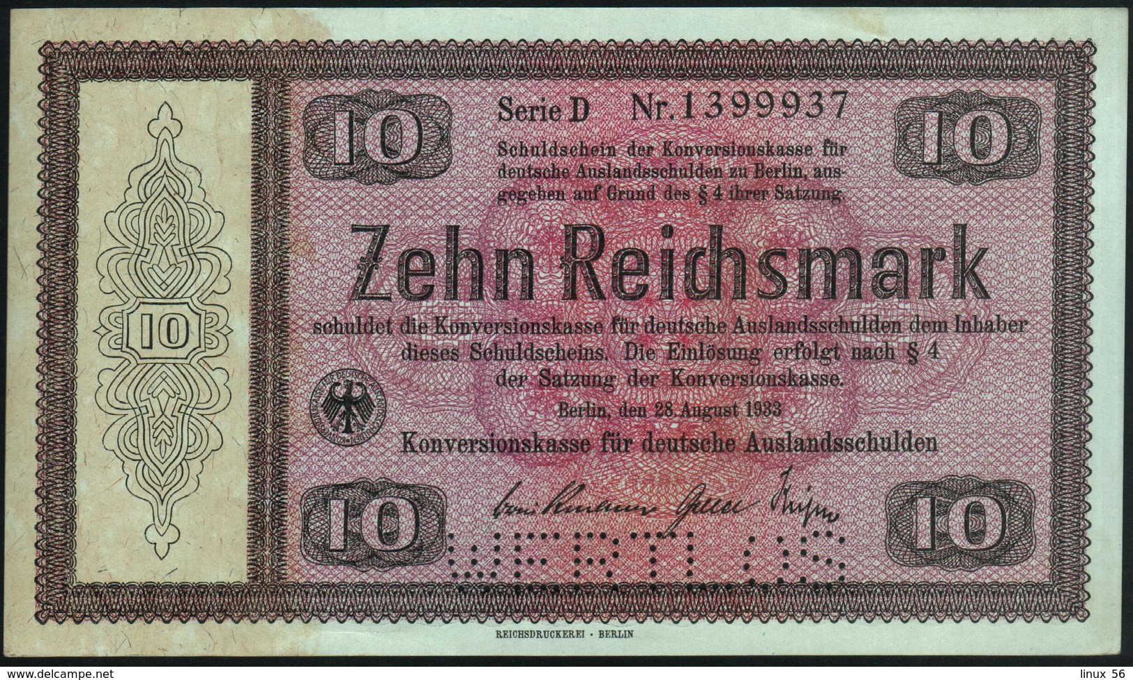 GERMANY - 10 Reichsmark 28.08.1933 {Perforated: WERTLOS} AU-UNC P.200 / DEU-225 E2 - 5 Reichsmark