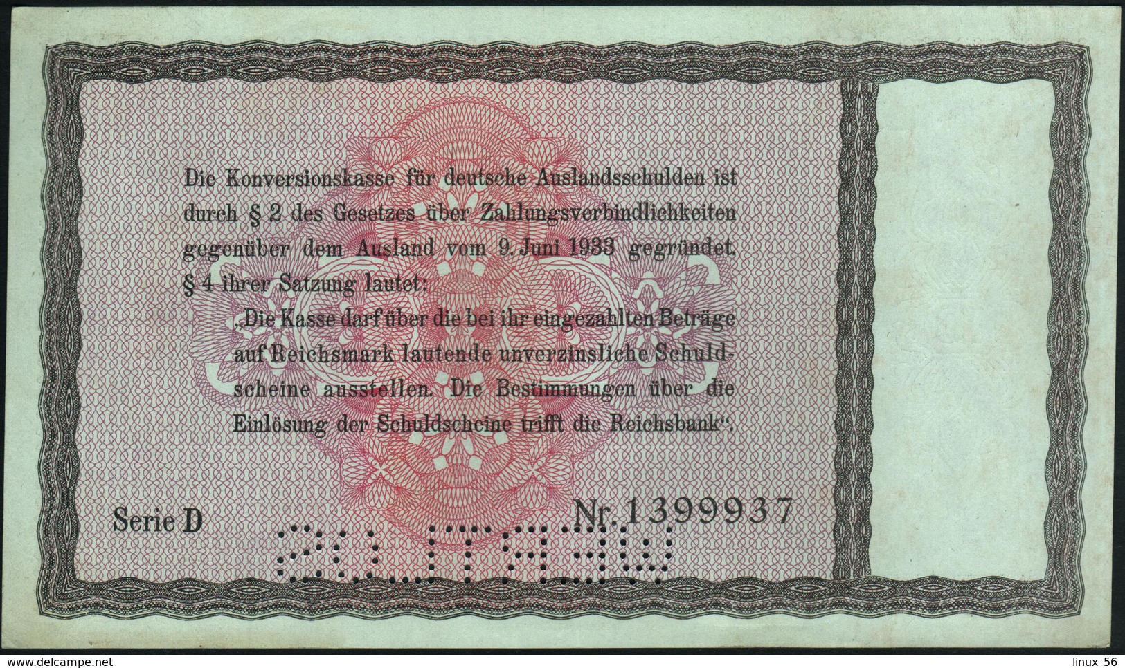 GERMANY - 10 Reichsmark 28.08.1933 {Perforated: WERTLOS} AU-UNC P.200 / DEU-225 E2 - 5 Reichsmark