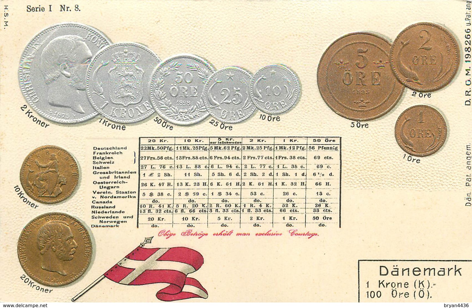 REPRESENTATION DES MONNAIES DU DANEMARK - TRES BELLE CPA PRECURSEUR GAUFFREE - TABLEAU EQUIVALENCE  AUTRES MONNAIES - Monnaies (représentations)