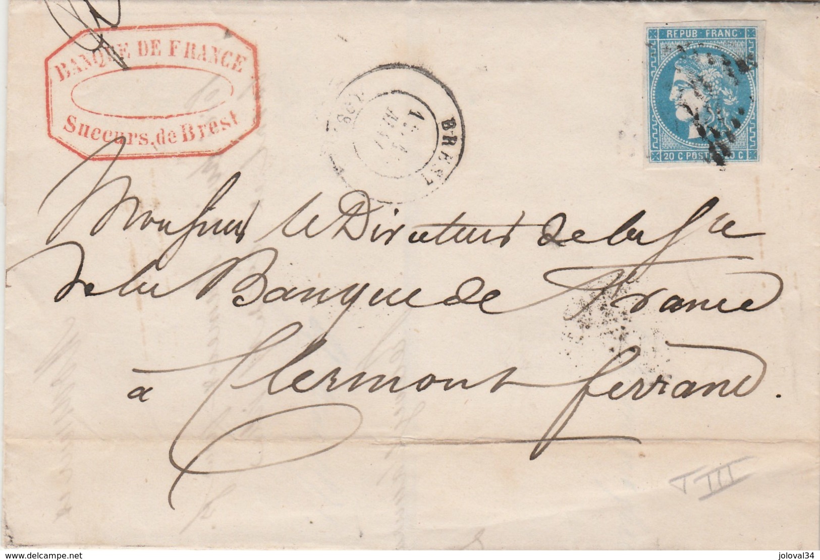 Yvert 46B ? TTB Sur Lettre Entête Banque De France BREST 11/5/1871 Pour Clermont Ferrand - Ambulant X 2 - 1849-1876: Classic Period