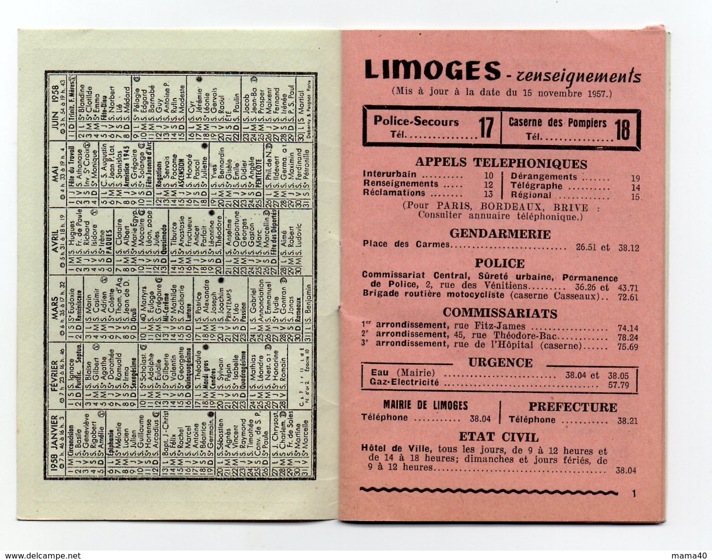 CALENDRIER DE POCHE DE 1958 AVEC RENSEIGNEMENTS - 87 - LIMOGES - PUBLICITE CHAUSSURES EUGENE BLANCHETON - Petit Format : 1941-60