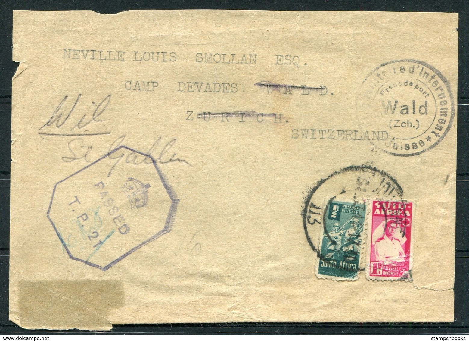 WW2 South Africa Censor Cover (Front Only) Internment Camp Devades Wald Zurich, Wil St Gallen, Switzerland - Storia Postale