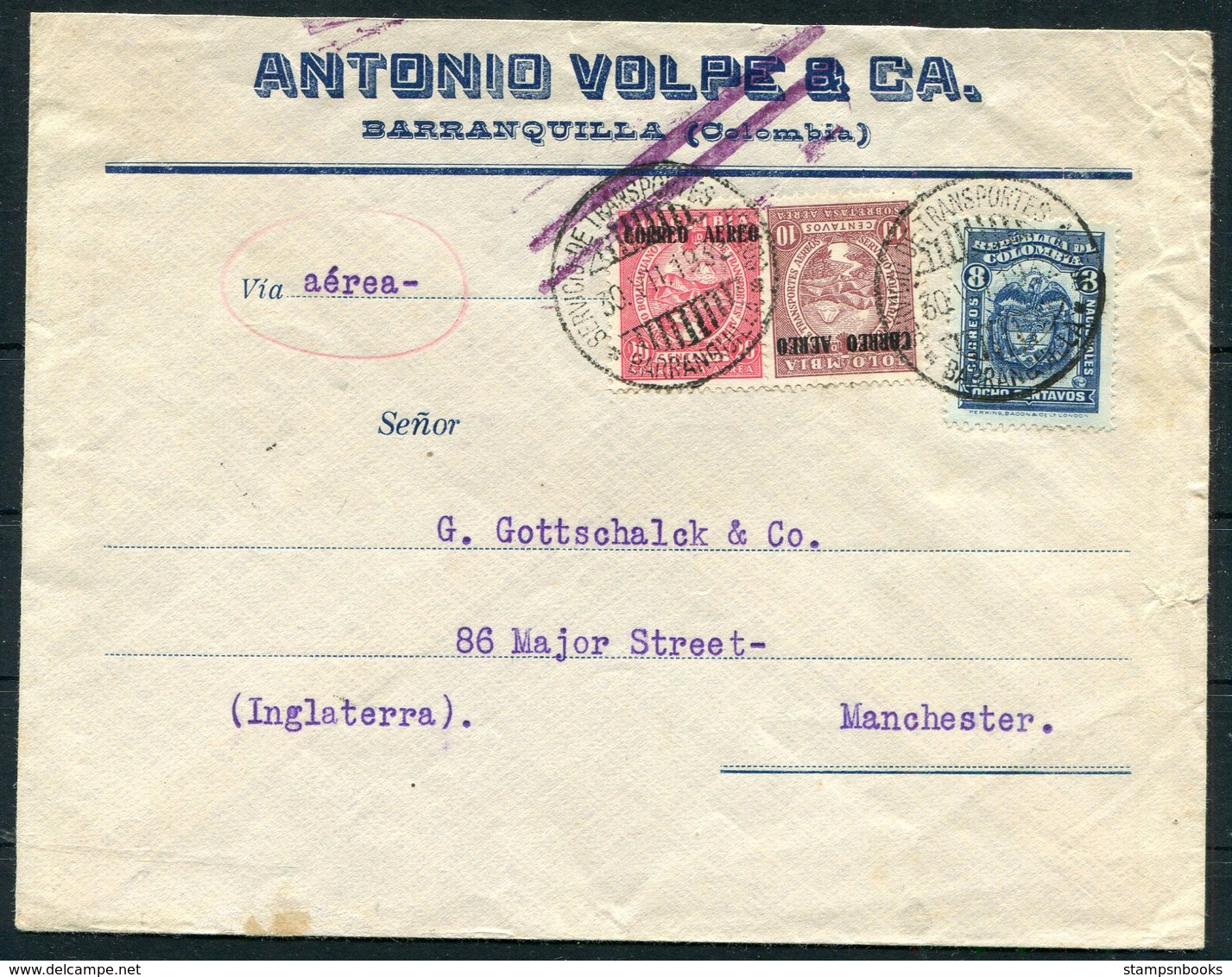 1932 Colombia Antonio Volpe & Co. Barranquilla Airmail Cover - Gottschalck & Co. Manchester England - Colombia