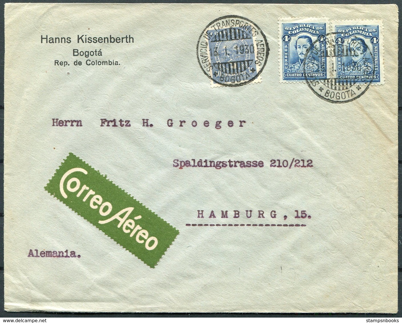 1930 Colombia Hanns Kissenberth, Bogota Airmail Cover - Hamburg Germany - Colombia