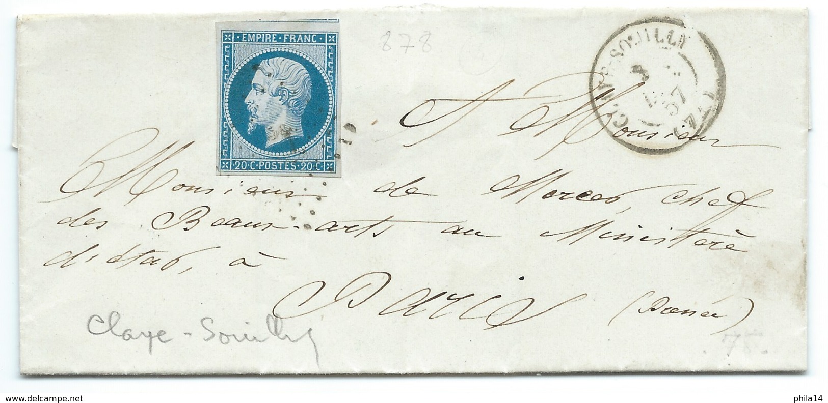 N° 14 BLEU NAPOLEON SUR LETTRE / CLAYE SOUILLY POUR PARIS / 3 DEC 1857 - 1849-1876: Période Classique