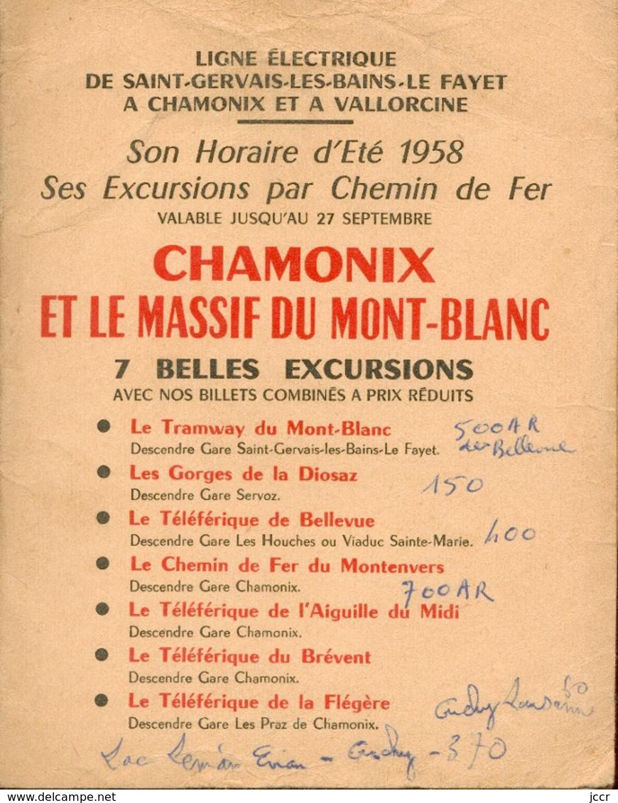 Ligne Electrique De Saint-Gervais-Les-Bains-Le Fayet à Chamonix Et à Vallorcine/Horaire 1958/Excursions Chemin De Fer - Chemin De Fer & Tramway