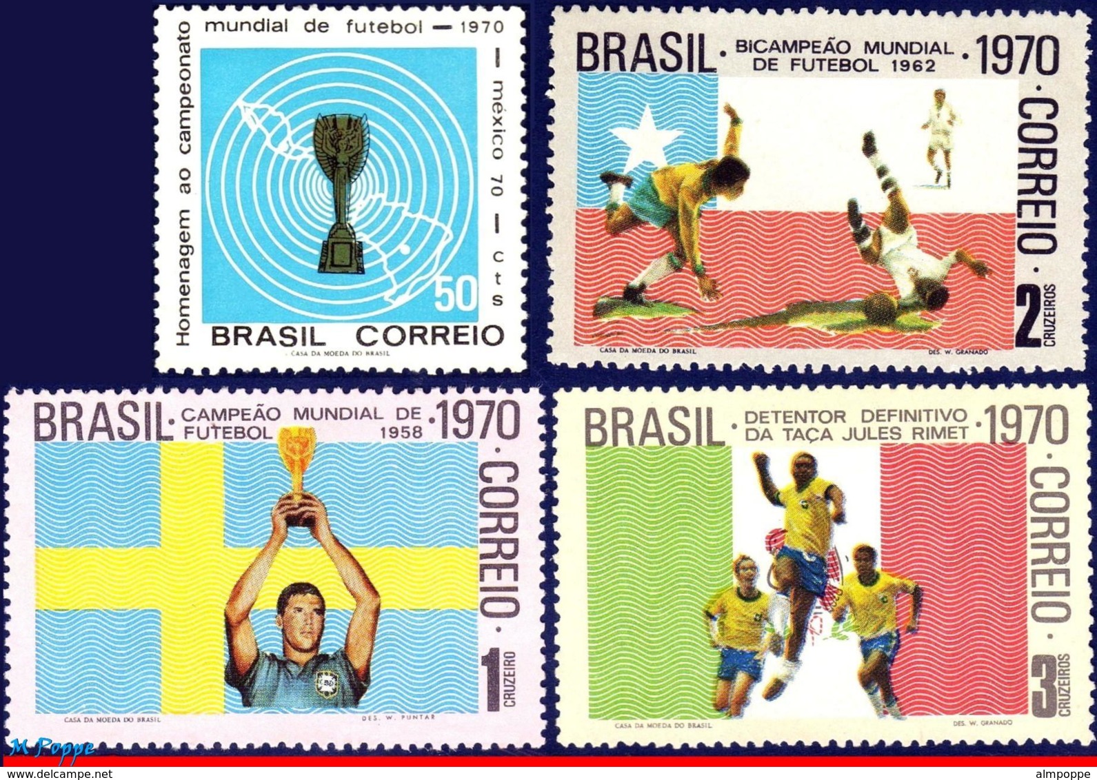 Ref. BR-1166-69 BRAZIL 1970 FOOTBALL-SOCCER, WORLD CUP CHAMPIONSHIP,, MEXICO,MI# 1260 1262-64,SET MNH 4V Sc# 1166-1169 - Ungebraucht