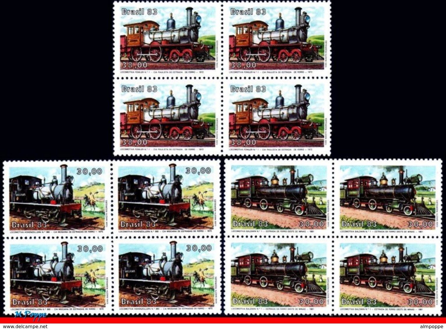 Ref. BR-1862-64Q BRAZIL 1983 RAILWAYS, TRAINS, LOCOMOTIVES,, MI# 1971-73, BLOCKS MNH 12V Sc# 1862-1864 - Trenes