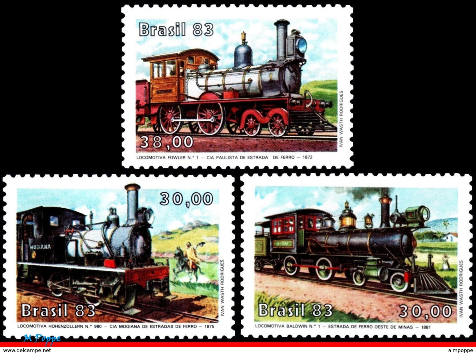 Ref. BR-1862-64Q BRAZIL 1983 RAILWAYS, TRAINS, LOCOMOTIVES,, MI# 1971-73, BLOCKS MNH 12V Sc# 1862-1864 - Trains