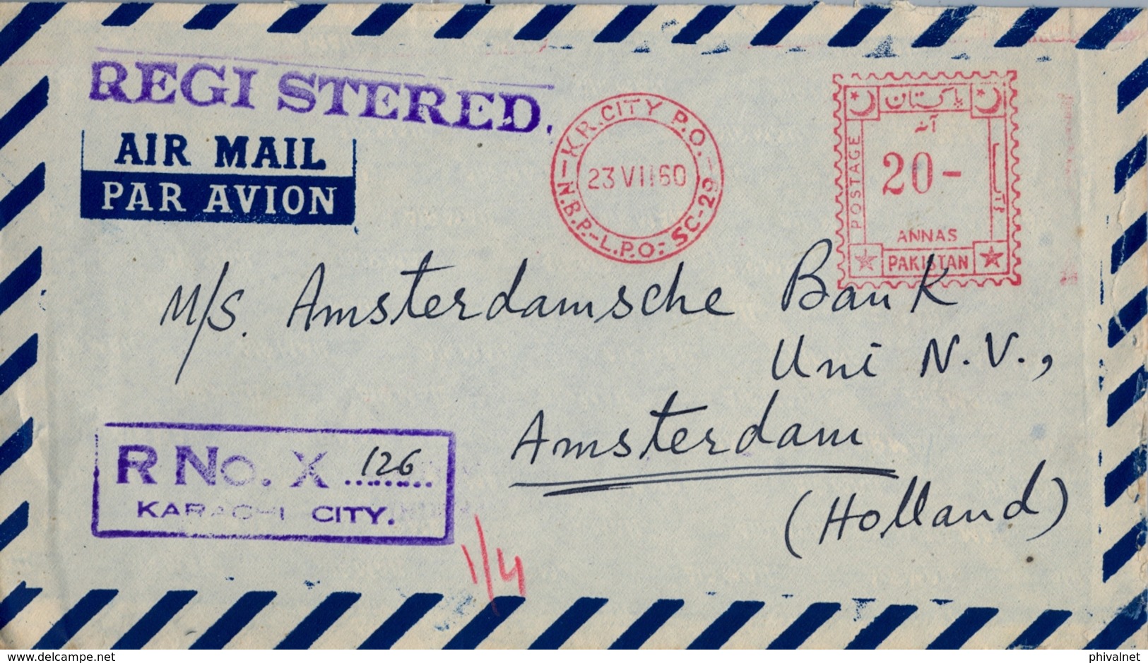 1960 PAKISTÁN , SOBRE CERTIFICADO , CORREO AÉREO , KARACHI - AMSTERDAM , FRANQUEO MECÁNICO - Pakistán