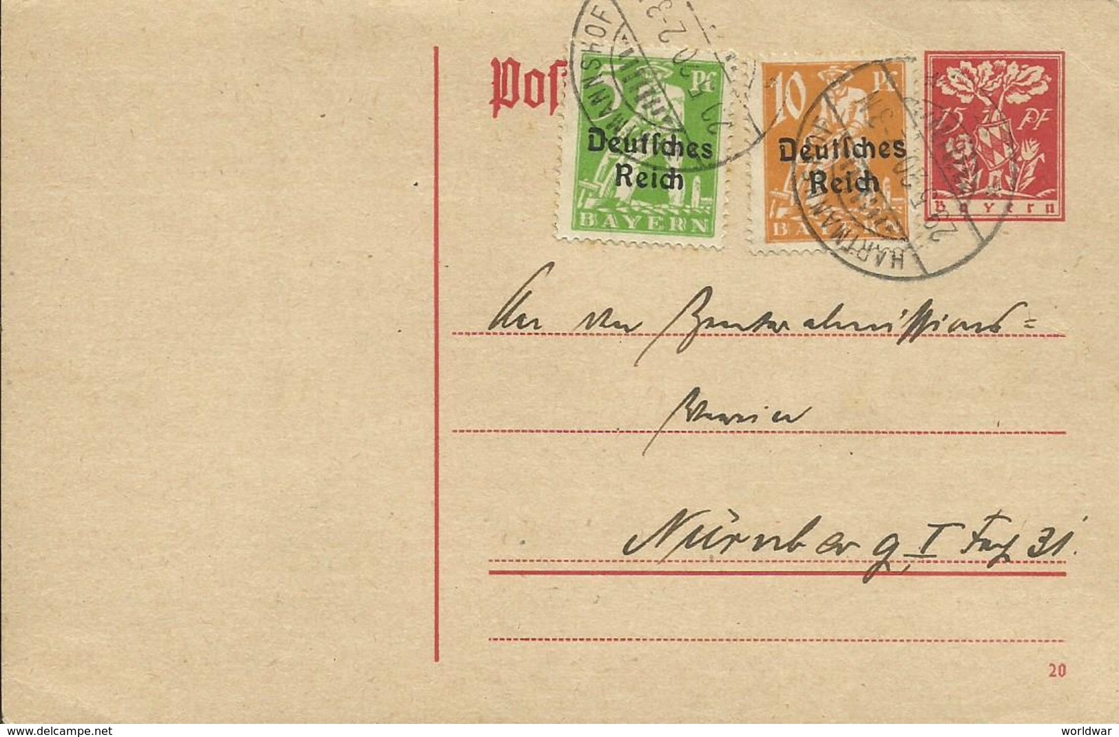 1920   Postkarte  15 Pf. + Zusatzfrank. 10 +5   Gelaufen Von Hartmannshof Nach Nürnberg - Autres & Non Classés