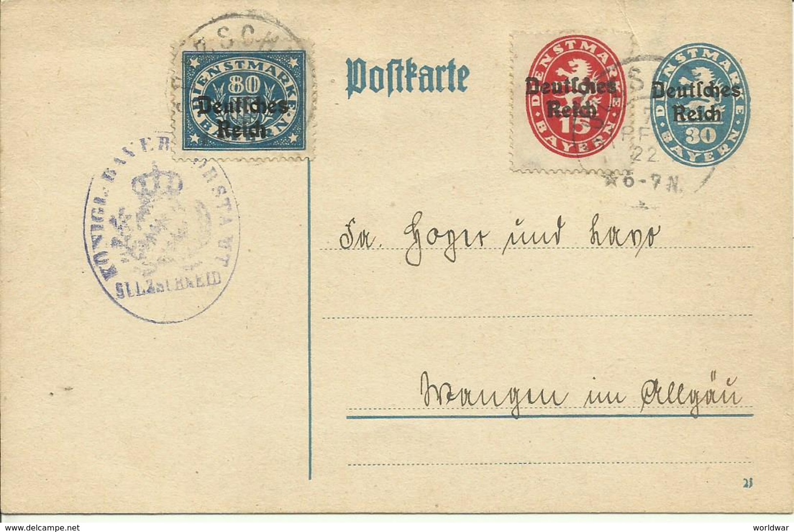 1922   Dienstpostkarte  30 Pf. + Zusatzfrank. 80 + 15   Gelaufen Von Sulzschneid Nach Mangen  Druck 21 Selten! - Autres & Non Classés