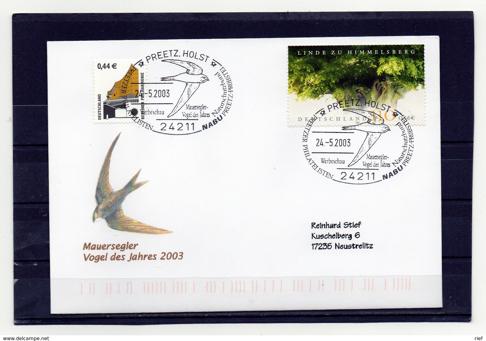 BRD, 2003, Brief (echt Gelaufen) Mit Michel 2217 Und 2298 Und Sonderstempel, Mauersegler/Vogel Des Jahres - Covers & Documents