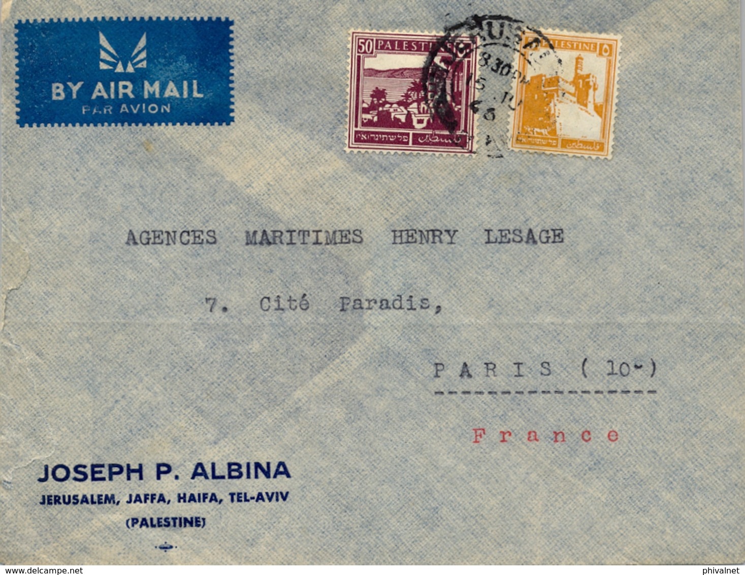 1946 PALESTINA / PALESTINE , SOBRE CIRCULADO , JERUSALEM - PARIS, CORREO AÉREO - Palestina