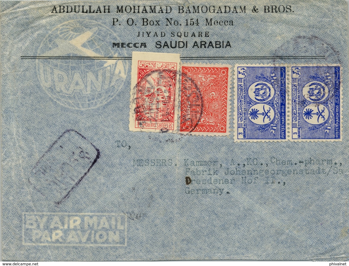 1950 , ARABIA SAUDITA / SAUDI ARABIA , SOBRE CIRCULADO , MECCA - DRESDEN , TRÁNSITO DJEDDA - Saudi Arabia