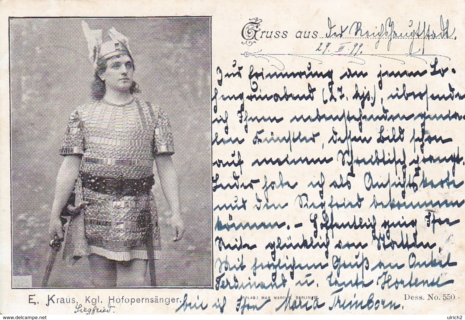 AK E. Kraus - Kgl. Hofopernsänger - Als Siegfried - Bahnpost Berlin-Hannover - 1899 (41900) - Opera