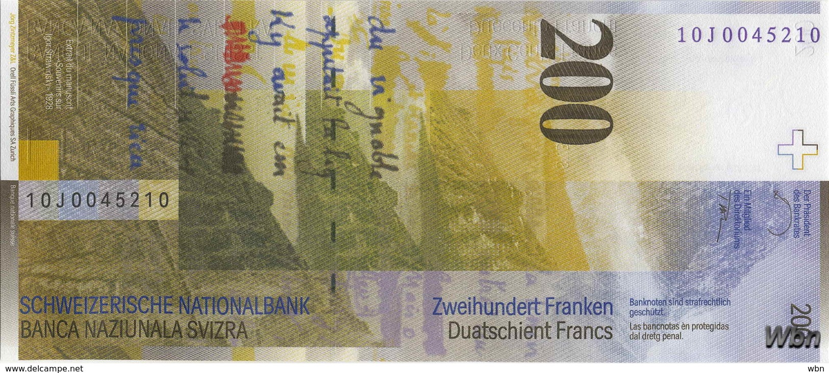 Suisse 200 Francs (P73d) 2010 (Pref: J) -UNC- - Switzerland