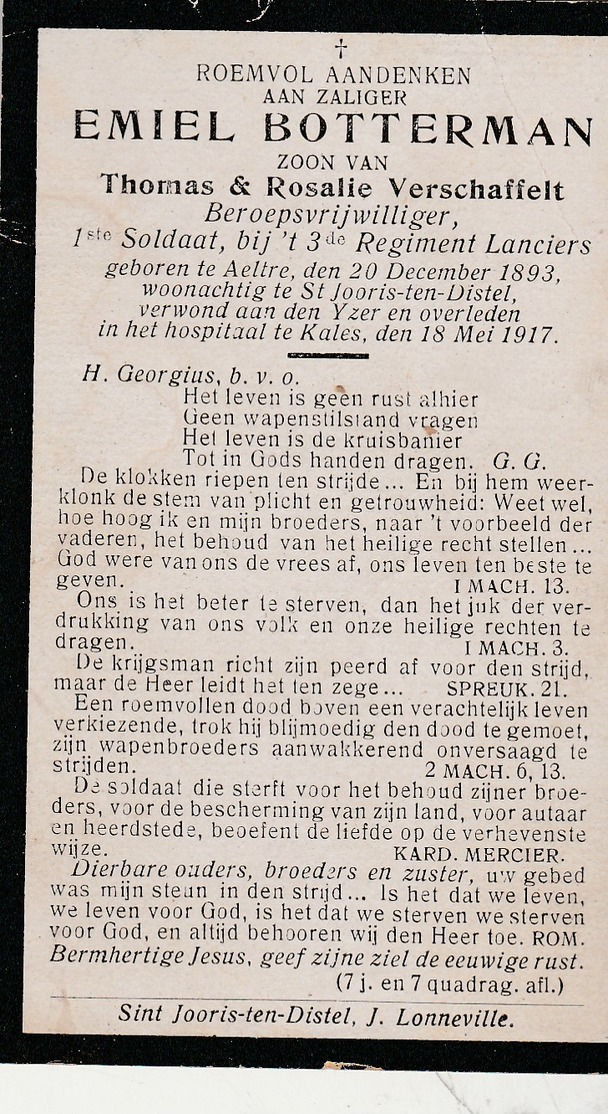 Mortuaire,Emiel Botterman,Aelter 1893,Soldaat Bij't 3e Regiment Lanciers, Verwond Aan Den Yzer,overleden Kales 18-5-1917 - Obituary Notices