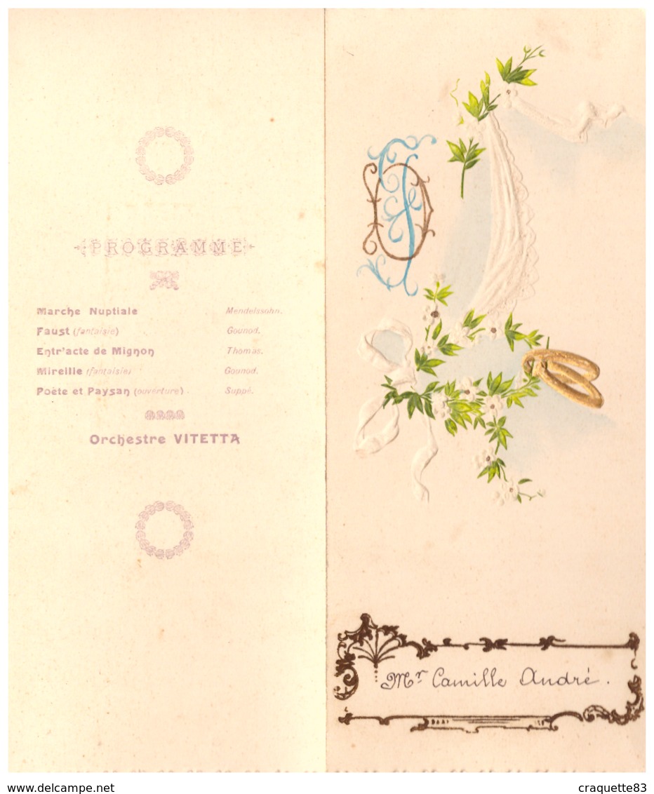Menu DINER DU 25 AVRIL 1903-GRAND HOTEL DES PALMIERS HYERES VAR + PROGRAMME DE LA SOIREE ORCHESTRE VITETTA-EN DECOUPIS - Menus