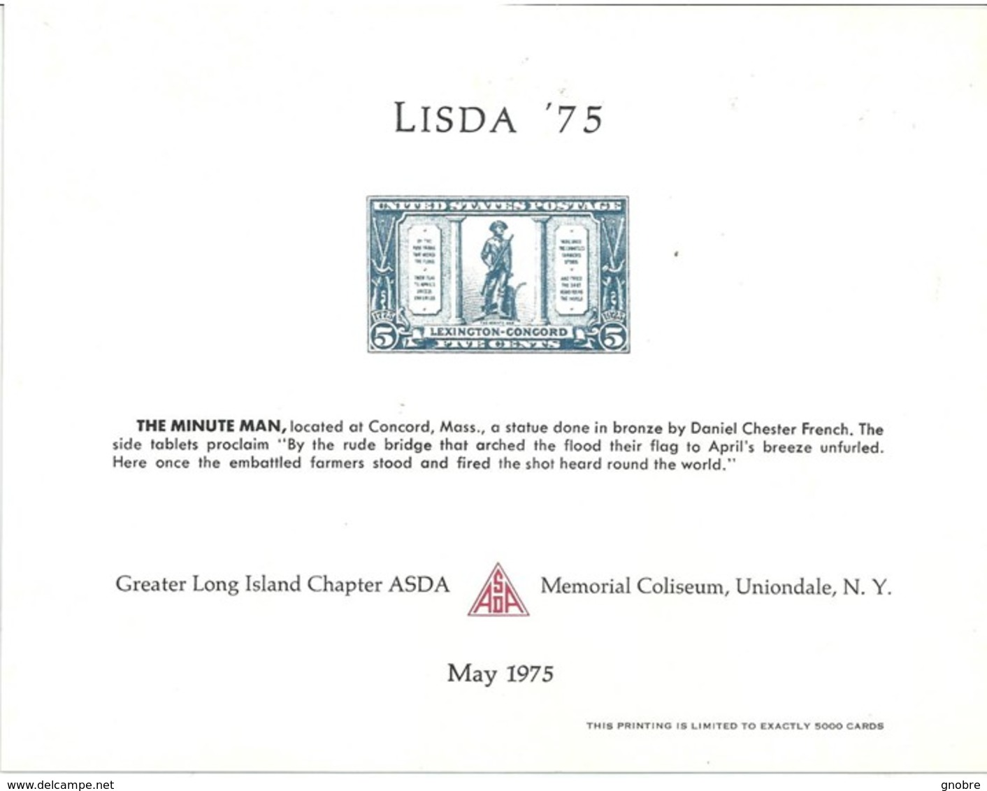 USA 1975 LISDA Minute Man Souvenir With Envelope - Cartes Souvenir